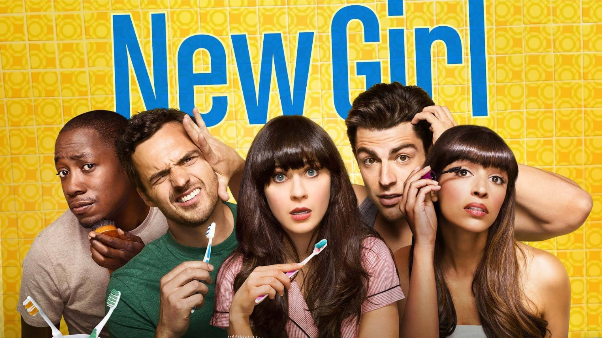 copertina serie tv New Girl 5 personaggi su sfondo giallo